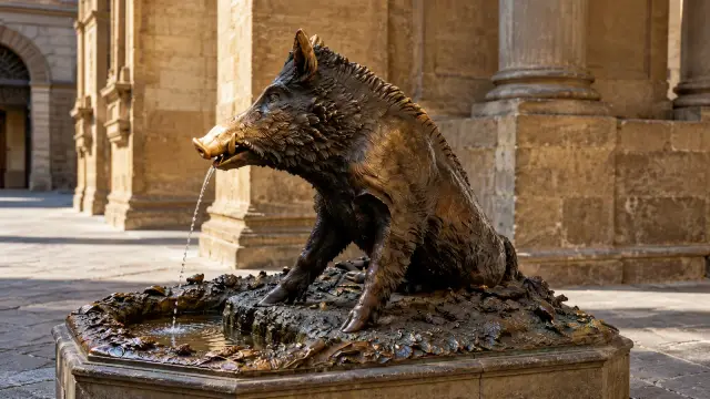 Florence's Porcellino, a dark bronze boar whose snout has been rubbed to a golden shine