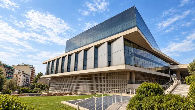 The Acropolis Museum in Athens, its glass top floor turned towards the Parthenon, seen from the pedestrian walkway