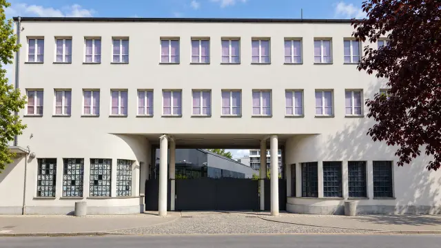 The two-columned gateway and façade of Oskar Schindler's former factory at 4 Lipowa Street, Kraków